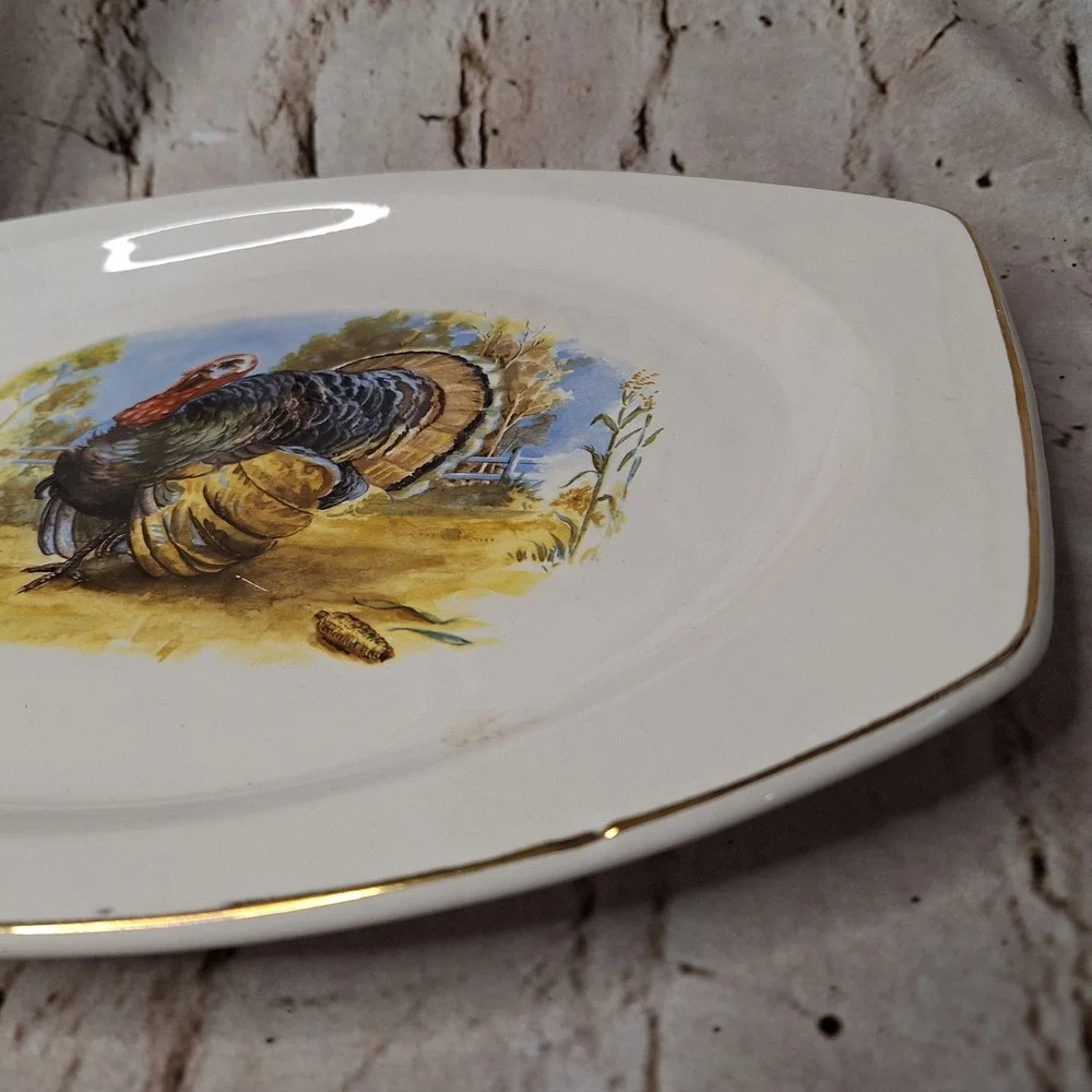 Vintage Kenilworth USA Turkey Serving Platter Thanksgiving Oval Gold Rim 15x11in
